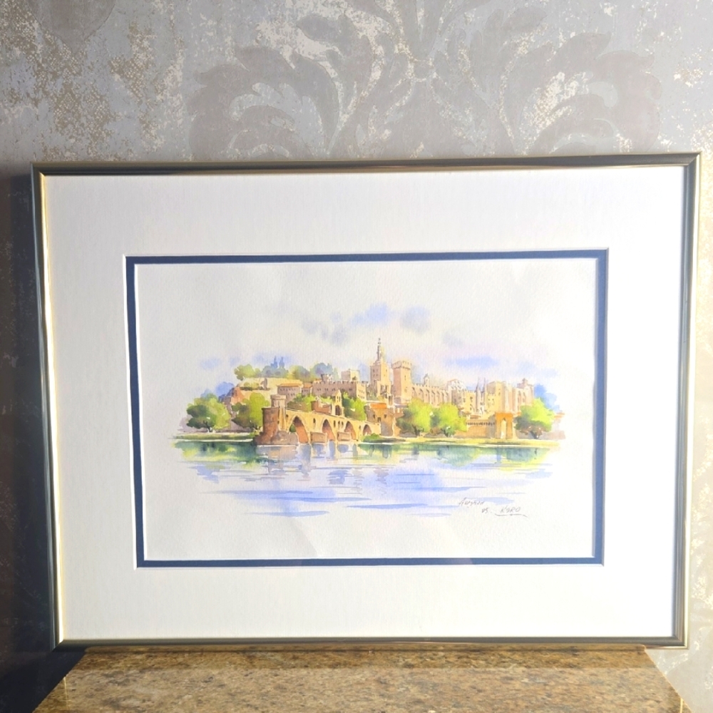 Signed Avignon France Framed Watercolor Landscape Art